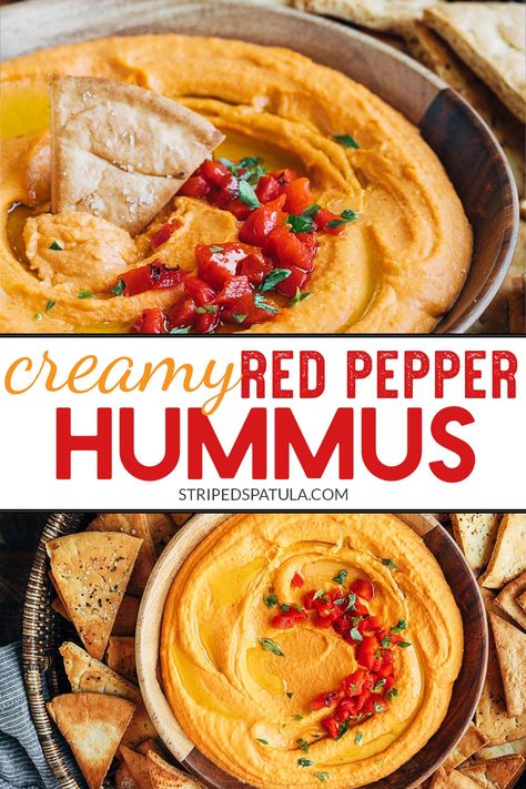 It’s easy to make creamy, homemade Roasted Red Pepper Hummus! This recipe only takes 10 minutes to whip up and is great for healthy snacking, spreading onto wraps, or serving as a dip for entertaining. #hummus #hummusrecipe #dips Red Pepper Hummus Recipe, Double Recipe, Hummus Recipe Homemade, Pepper Hummus, Roasted Red Pepper Hummus, Red Pepper Hummus, Party Dip, Healthy Snacking, Homemade Hummus