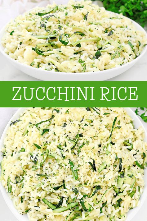 Zucchini Rice ~ A simple and flavorful side dish featuring creamy rice and fresh garden zucchini, perfect for late summer! Vegetarian and Vegan.  via @thiswifecooks Zucchini And Rice, Cheesy Zucchini Rice, Zucchini Rice, Grandma Kitchen, Garden Zucchini, Creamy Rice, Vegan Thanksgiving Recipes, Baked Garlic, Rice Ingredients