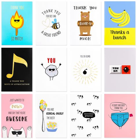 PRICES MAY VARY. LARGE 5 x 7 INCH FUNNY GREETING CARDS – Much larger than basic 4 x 6 inch cards, about 25% bigger. Our 12 Pack of Unique Thank you cards are a must have for every card lover with the most adorable illustrations and high-quality cover art printed on HUGE 5 x 7 Inch cardstock. Comes with 5 Premium quality gold foil cards, greeting cards embossed with Gold Foils create shinny reflective effects and higher value. 12 UNIQUE DESIGNS – These 12 Specially Designed Thank You Cards are id Funny Themes, Pun Cards, Funny Thank You Cards, Punny Cards, Funny Thank You, Gold Foil Cards, Pun Card, Appreciation Cards, Funny Greetings