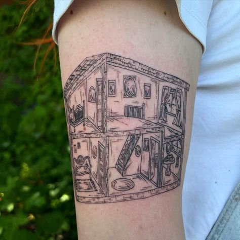 Dollhouse tattoo by green666annie Doll House Tattoo, Haunting Of Bly Manor Tattoo, Green House Tattoo, Dollhouse Tattoo, Whimsical Tattoos, House Tattoo, Shirt Hair, Home Tattoo, Body Modification