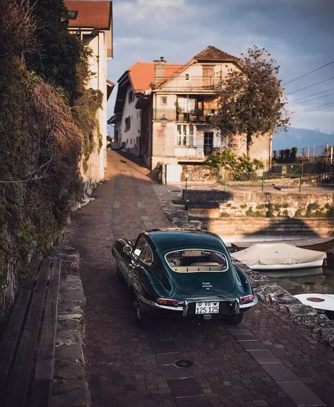 car, travel, vehicle, street, road, classic, outdoors, town, old, landscape, city, pavement, nostalgia, people, architecture, house, mustang, home European Road Trip, Jaguar (cars), British Sports Cars, Jaguar F Type, Jaguar Car, Jaguar E, Racing Green, Jaguar E Type, Old Car