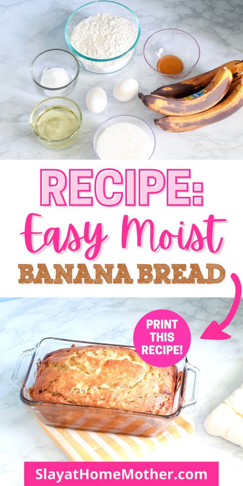 This easy butter-free moist banana bread is super simply to make, and oh so delicious! #slayathomemother #bananabread #breadrecipes #homemadebreads #easyrecipes Secret Ingredient Super Moist Banana Bread, Small Banana Bread Recipe Easy, Butter Free Banana Bread, Banana Bread With No Butter, Easy Banana Bread Recipe Simple, Banana Bread Recipe No Baking Powder, Easiest Banana Bread, Banana Bread Without Baking Powder, Banana Bread With Oil Instead Of Butter