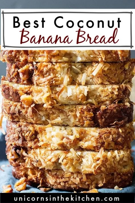 Tropical coconut banana bread is the best thing ever! This banana bread is moist, delicious and so easy to make. You can even freeze it! It's great as a midday snack with a cup of coffee! #bananabread #bananabreadrecipe #coconutbread #quickbread #quickbreadrecipe Hawaiian Banana Bread Recipe, Quick Banana Bread, Banana Bread Recipe Easy Moist, Banana Coconut Muffins, Fruit Breads, Coconut Bread Recipe, Hawaiian Banana Bread, Banana Recipes Overripe, Coconut Banana Bread