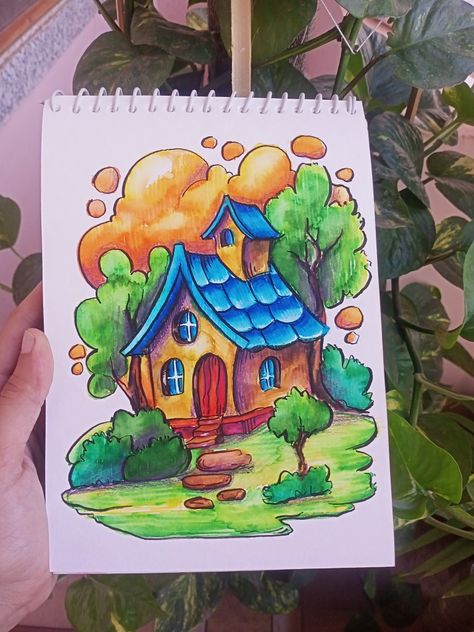 Colourful Scenery Drawing, Drawing Ideas Easy With Color Pencils, Drawing And Colouring Ideas Easy, Pencil Colour Easy Drawing, Colourful Drawings Easy, Pencil Colour Drawing Ideas Easy, Drawing For Class 2 Students, Colorful Drawings With Sketch Pens, Color Pencil Drawings Easy