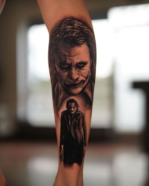 Dark Knight Joker Tattoo, Heath Ledger Joker Tattoo Design, Joker Portrait Tattoo, Joker Sleeve Tattoo, Heath Ledger Joker Tattoo, Heath Ledger Tattoo, Swing Tattoo, Joker Tattoos, Hahaha Joker