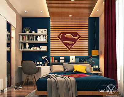 Boy's Superman Bedroom .. Mountain view Superman Bedroom, Superman Room, Bedroom Mountain, Marvel Bedroom, Marvel Room, Boy Toddler Bedroom, Modern Style Bedroom, Boy Bedroom Design, Luxury Living Room Design