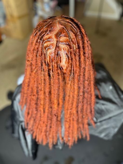 Auburn Hair Color Locs, Ginger Ombre Locs Black Women, Hair Dye For Light Skin Tone, Ginger Dyed Locs, Loc Dye Ideas Dark Skin, Ginger Loc Extensions, Copper Brown Locs, Copper Dyed Locs, Ginger And Blonde Locs