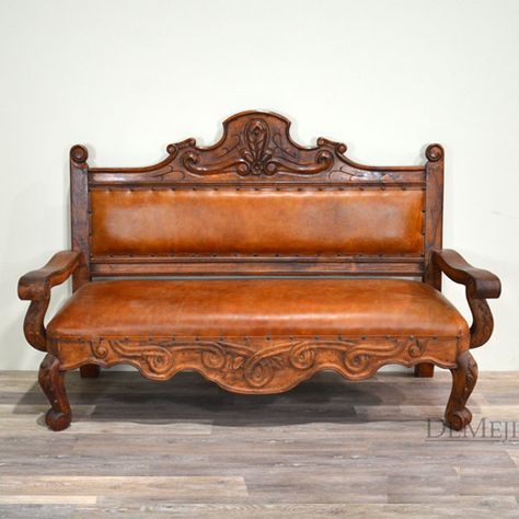 A Spanish Colonial bench, the Banca Conquista Sofa combines sturdy handcrafted wood with sewn leathers and etched detail. Mexico Decorations, 2seater Sofa, Old Door Bench, Full Grain Leather Sofa, Spanish Revival House, Hacienda Furniture, Spanish Style Furniture, Rustic Wood Bench, Wooden Couch