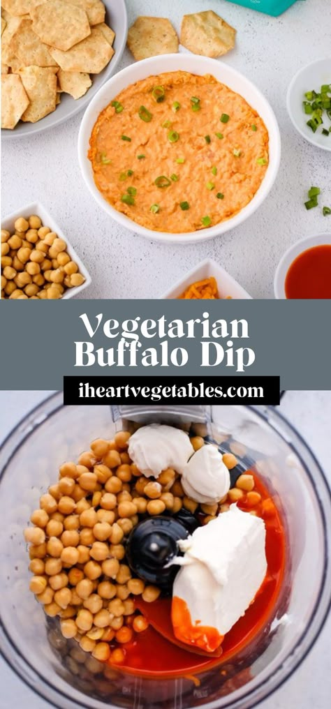 This cheesy buffalo dip is made with chickpeas instead of chicken! This spicy vegetarian side dish is perfect for game day! Vegetarian Buffalo Dip, Buffalo Chickpea Dip, Vegetarian Buffalo, Chickpea Dip, Vegetarian Dip, Buffalo Chickpea, Buffalo Dip, Vegetarian Side Dish, Vegan Dips