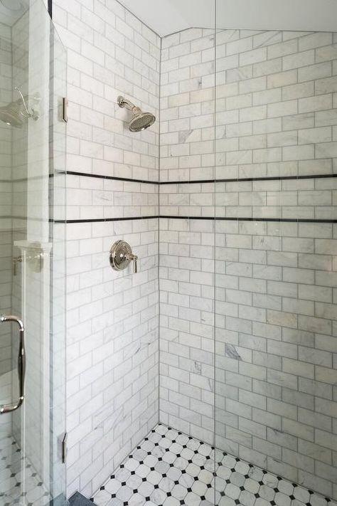 Honed Marble Shower Subway Tiles with Black Pencil Trim - Cottage - Bathroom Subway Tile With Marble Accent, Subway Tile Shower With Pencil Trim, Classic Shower Tile, Marble Subway Tile Bathroom, Corner Shower Tile, Whittney Parkinson Design, 1920s Tudor, Whittney Parkinson, 1920s Bathroom