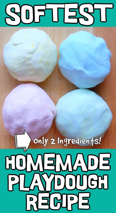 Finished batch of 2 ingredient play dough recipe (homemade) in colors yellow, blue, pink and green shown on a wooden surface with the words: softest homemade playdough recipe with only 2 ingredients! 2 Ingredient Play Dough Recipe, Homemade Playdough Recipe No Cook, Playdough Recipe No Cook, Cornstarch And Conditioner, 2 Ingredient Playdough, Cook Playdough Recipe, Soft Playdough Recipe, No Cook Playdough, Best Homemade Playdough Recipe