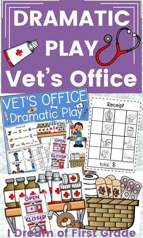 Your students can have a new adventure with the Vet's Office Dramatic Play Set! It is the perfect dramatic play to go with your Pet's Study for Preschool ! Your students are in for a fun learning experience, as they step into the world of pets and vets . This play set turns the learning environment into a print-rich space, where young minds can not only have fun working at the vet's office but also enhance their skills in a variety of educational activities. Vets Office Dramatic Play, Dramatic Play Vet Clinic, Dramatic Play Printables Free, Vet Dramatic Play, Office Dramatic Play, Dramatic Play Printables, Alphabet Centers, Study Topics, Vet Office