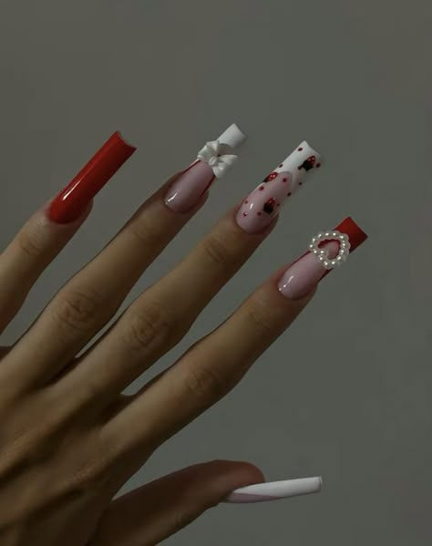 Square Nail Ideas Long, Pink N Red Nails, Red Long French Tip Nails, Valentines Day Nails Douyin, Valentines Gel X Nails, Valentine Nail Inspiration, Long Valentines Day Nails Acrylic, Valentines 2024 Nails, Gel X Nails Valentines