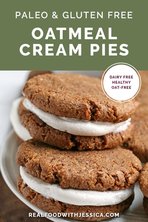 These Paleo Oatmeal Cream Pies contain no oatmeal, but still have the same taste and texture. A soft, sweet cookie with a marshmallow filling. Gluten free, dairy free, and naturally sweetened. Paleo Oatmeal, Marshmallow Filling, Paleo Snack, Oatmeal Cream Pies, Paleo Cookies, Cream Pies, Paleo Recipes Dessert, Gluten Free Oatmeal, Paleo Baking