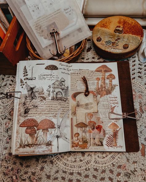 Cottagecore Scrapbook Ideas, Nature Scrapbook Ideas, Fall Junk Journal Pages, Vintage Aesthetic Scrapbook Ideas, Cottagecore Journaling, Fantasy Journal Pages, Junk Journal Pages Ideas, Cottagecore Scrapbook, Vintage Scrapbook Ideas