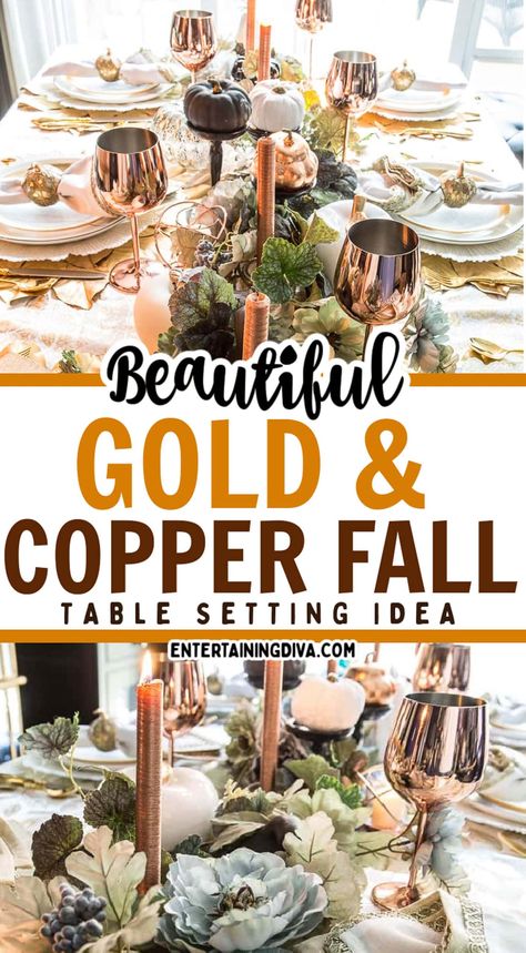 Copper Table Setting, Fall Tablescapes Elegant, Copper Tablescape, Gold Thanksgiving Table, Fall Dinner Parties, Table Setting Fall, Autumn Table Setting, Fall Table Setting, Copper Fall