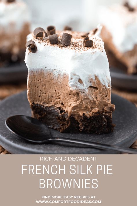 Food Ideas Desserts, Banana Chocolate Chip Bars, Dessert French, Silk Pie Recipe, Pie Brownies, French Silk Pie, Silk Pie, Pie Bar Recipes, Fudgy Brownie