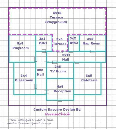 Daycare Layout Floor Plans, Daycare Floor Plans, Daycare Layout, Casas The Sims Freeplay, School Floor Plan, Lotes The Sims 4, School Decal, Daycare Design, Sims Freeplay Houses