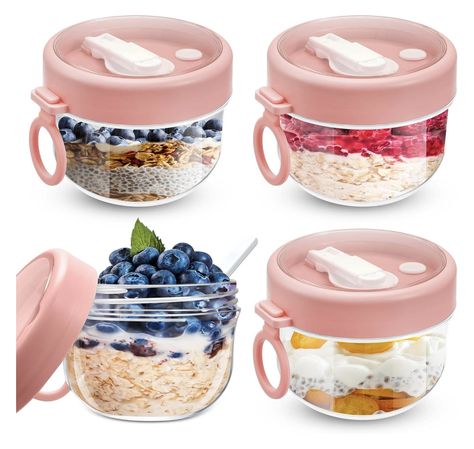 What You Will Receive: the package contains 4 pieces of overnight oats containers, equipped with lids and spoons, easy to use and adequate in quantity to meet your various storage needs in daily life Leakproof and Easy Use: our yogurt container adopts a leakproof lid to avoid leakage, with easy to open air hole and foldable spoons, bringing convenience in using process, and the loop handle design and anti slip bottom make it convenient to use Salad Storage, Yogurt Container, Yogurt Jars, Oatmeal In A Jar, Milk Fruit, Fruit Cereal, Overnight Oat, Oatmeal Cups, Overnight Oatmeal