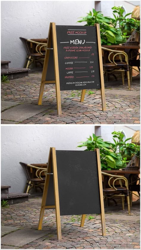 If you are doing a branding design job for a cafe or restaurant then you should look at this free design resource is Free Wooden Chalkboard A-Frame Sign mockup. This free mockup PSD will allow you to display your handwritten on stand banner mockup. #free #mockup #branding #cafe #restaurant #aframe #signboard #chalkboard #menuboard #standsignboard #freemockup #menumockup #outdoorsign #psdmockup Menu On Board, Stand Board Design, A Frame Sign Design, Menu Stand Design, Sign Board Design Ideas, Cafe Sign Board, Menu Banner Design, Cafe Banner Design, Cafe Mockup