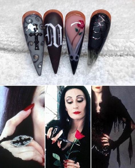 Halloween Nails Addams Family, Mortician Nails, Adam’s Family Nails, Addams Family Nail Art, Morticia Addams Nails, Morticia Nails, Adams Family Nails, Addams Family Nails, Wednesday Addams Nails