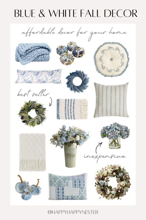 Blue Fall Home Decor, Blue And Yellow Fall Decor, Farmhouse Blue Living Room, Blue And White Fall Decor Ideas, Fall Decor With Blue Accents, Fall Decor With Blue, Navy Blue Fall Decor, White Fall Decor Ideas, Blue And White Fall Decor