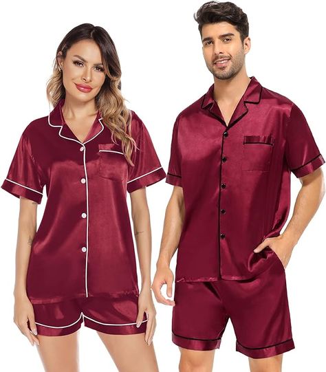 Couple Satin Matching Pajamas Sets Couple Silk Button Down Nightwear Short Sleeve Sleepwear 2 Pieces Loungewear with Shorts  Wine Red Long Sleeve Cami Top, Couple Sleepwear, Silk Pj Set, Satin Sleepwear, Mens Pajamas Set, Pajamas Sets, Pajamas Comfy, Nightwear Women, Satin Pyjama Set