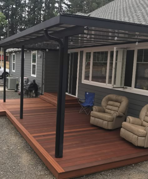 Back Patio Roof Extension, Awning Off Back Of House, Covered Decking Ideas Outdoor, Metal Roof Deck Cover, Covered Side Porch Ideas, Small Townhouse Backyard Ideas Patio, Deck With Awning Ideas, Awning Ideas Patio Metal Roof, Small Deck Covering Ideas