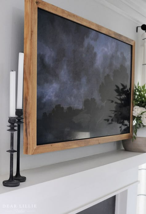 Canvas Over Tv, Framed Tv On Wall Flat Screen Tvs, Making A Frame For Tv, Tv Shadow Box Frame, Frame Behind Tv, Lamp Under Tv, Tv Insert Over Fireplace, Building A Tv Frame, Framed Flat Screen Tv