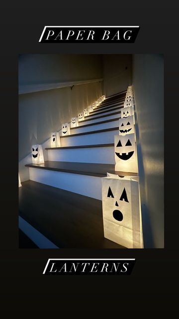 Macy Blackwell on Instagram: "Paper Bag Lanterns!🕯👻 Super cheap and easy, these would also look perfect lining the walkway up to your doorstep on Halloween night! Draw some spooky faces onto white paper bags with sharpie, and then add some led candles! #paperbaglanterns #luminaries #halloweendecor #halloweenparty #halloweenideas #halloweendiy #diyhalloween" Halloween Lanterns Paper, Paper Bag Lanterns, Diy Halloween Luminaries, Doorstep Decor, Halloween Paper Bags, Halloween Food Decorations, Macy Blackwell, Halloween Luminaries, Halloween Bathroom Decor