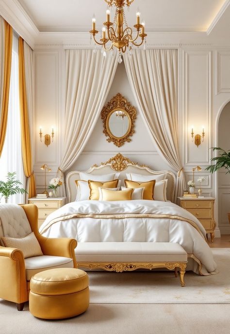 White Bedroom Ideas White And Gold Bedroom Elegant, Gold Theme Bedroom, White And Gold Bedroom Ideas, Cream And Gold Bedroom, White And Gold Room, White Gold Room, White And Gold Bedroom, Gold Bedroom Ideas, Modern White Bedroom