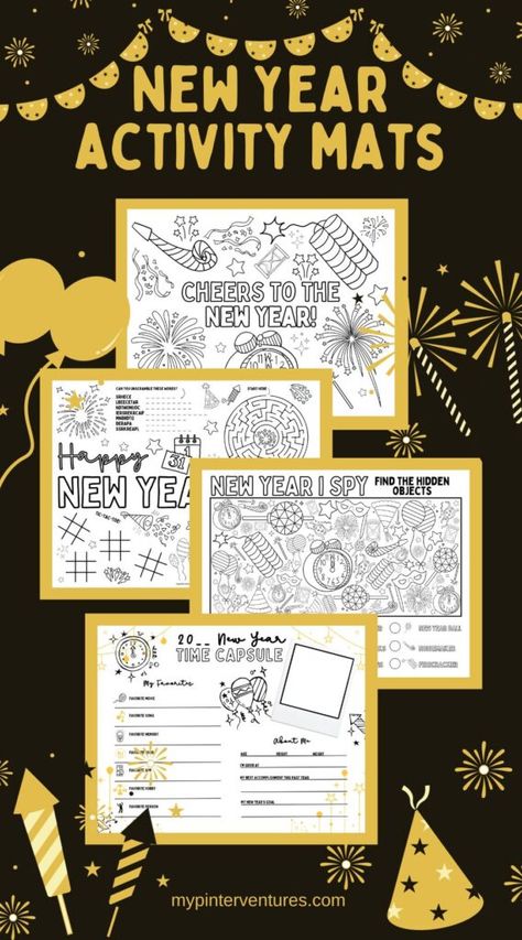 Free New Year Activity Mats for Kids. Download and print the coloring, activity, I Spy, and Time Capsule pages. #newyear #printable #kidactivities #teachers New Years Eve Hourly Activities For Kids, New Years Eve Printables For Kids, New Year Eve Activities For Kids, Kid New Years Eve Party Ideas, New Years Coloring Pages For Kids, New Year’s Eve Crafts For Kids, Kids New Years Eve Party Ideas, New Year Eve Kids Activities, Nye Activities