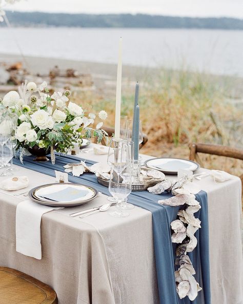 A Waterfront Wedding on an Island Just North of Seattle, Washington Coastal Wedding Reception, Nautical Wedding Ideas, Classic Blue Wedding, Long Table Wedding, Martha Weddings, Waterfront Wedding, Seaside Wedding, Wedding Reception Tables, Coastal Wedding