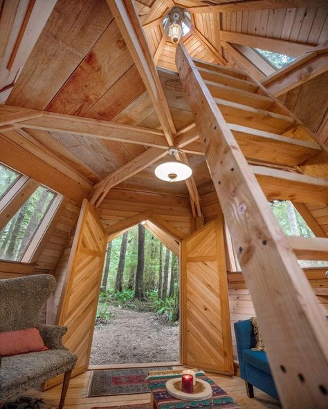 Hexagonal House, Hexagon House, Wood Railing, Cabin Living, Modern Staircase, Tiny House Cabin, A Fairy Tale, Tiny House Plans, Cabins In The Woods