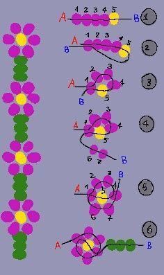 Easy Bracelet Patterns With Beads, Beads Bracelets Flowers Tutorial, Beads Bracelet Design Flower, Pony Bead Flower Pattern, Flower Bead Bracelet Pattern, Seed Bead Ideas Projects, Flower Bead Bracelet Tutorial Step By Step, Flower Bracelets Tutorial, Flower Bead Pattern