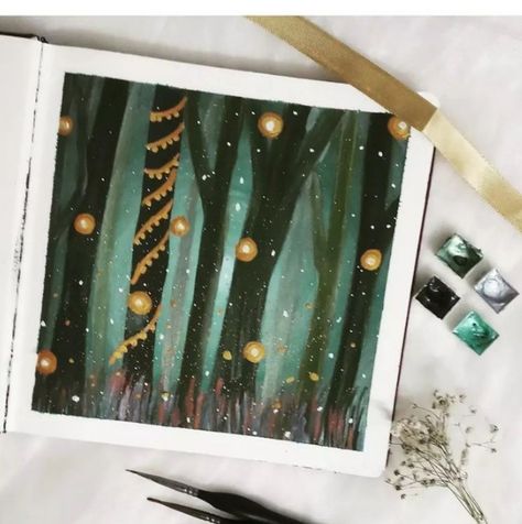 Whimsical Green forest with metallic highlights Harry Potter Gouache Painting, Harry Potter Gouache, Metallic Gouache Painting, Mystic Watercolor, Metallic Watercolor, Inspiration Painting, Mystical Forest, Gouache Art, Forest Painting