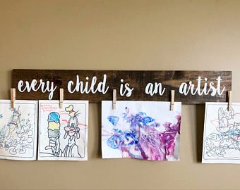 Need one of these for each kid! Much better than scotch tape all over the walls! Hanging Kids Artwork, Look What I Made Sign, Barn Board Signs, Learning Room, Childrens Art Display, Class Auction, Neutral Kids Room, Displaying Kids Artwork, Christmas Diy Wood