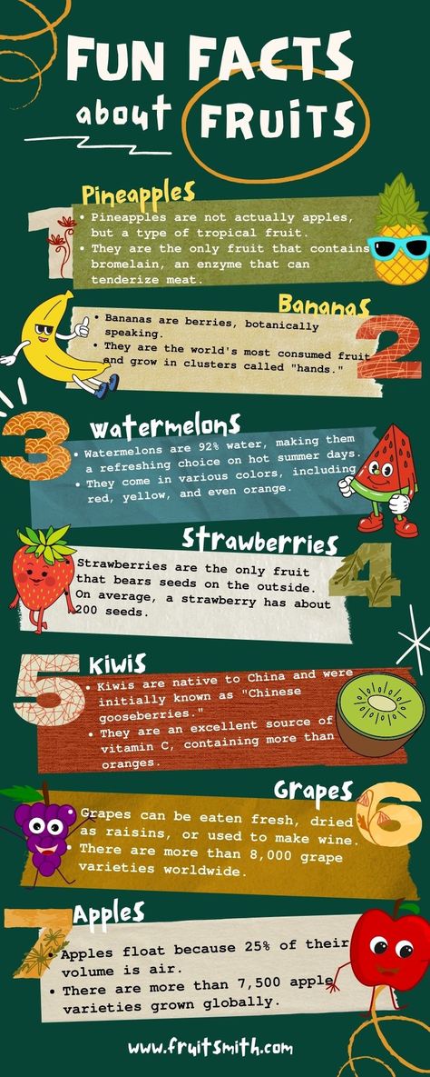 Discover the fascinating world of fruits with these delightful nuggets of knowledge! From pineapples that aren't apples to bananas being berries, explore the surprising and intriguing facts about various fruits. Did you know that strawberries have their seeds on the outside? Or that watermelons are 92% water? Dive into the juicy details and expand your fruit knowledge with these fun facts that will leave you craving more fruity trivia! Fun Facts About Strawberries, Did You Know Facts About Food, Fruits Infographic, Facts About Fruits, Fun Fact Design, Banana Facts, Fun Food Facts, Dietetics Student, Facts About Food