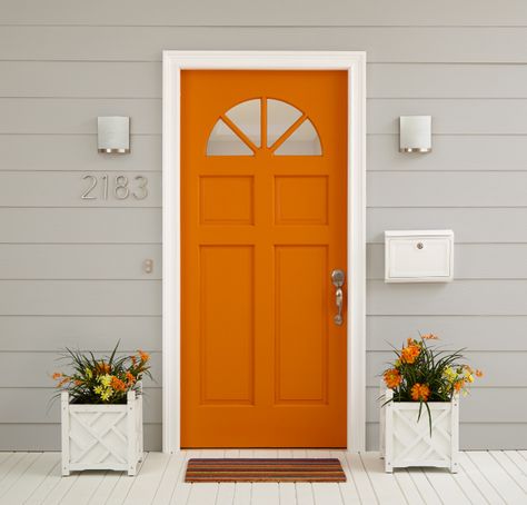 Easy exterior updates fired up close knit Orange Doors On Houses, Orange Front Door Colors, Burnt Orange Front Door, Boho Front Door, Orange Front Door, Exterior Updates, Orange Front Doors, Exterior Door Colors, Orange Door