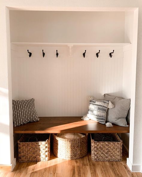 Entryway Closet Ideas Built Ins, Entry Closet Into Bench, Closet Redo Entryway, Cost Closet Ideas, Old Coat Closet Makeover, Change Closet Into Mudroom, Entryway Closet Transformation, Turn Hall Closet Into Mudroom, Hall Closet Transformation