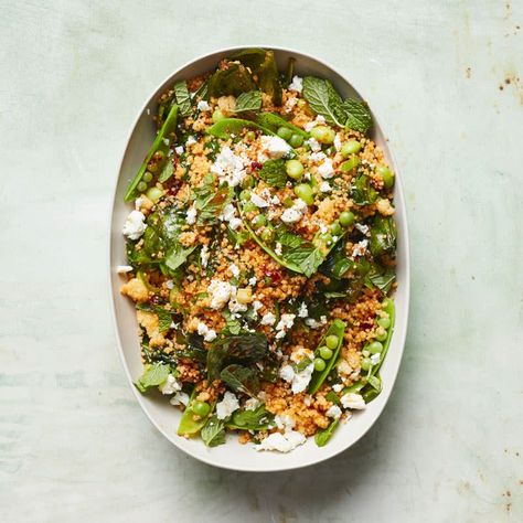 Edamame & couscous salad with feta | Recipes | WW USA How To Make Edamame, Feta Salad Recipe, Salad With Feta, Feta Recipes, Couscous Salad, Corn Recipes, Sugar Snap Peas, Fresh Mint Leaves, Snap Peas