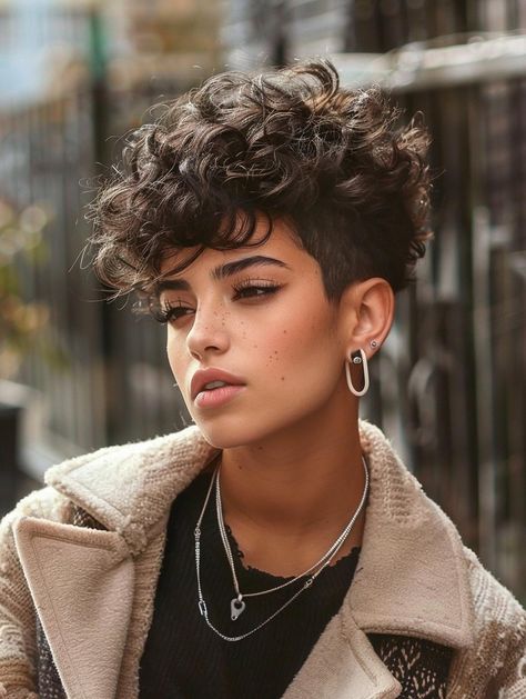 Bold and Chic Curly Pixie Haircuts for Every Style Undercut Curly Hair Woman, Queer Curly Haircut, Pixie Haircut Wavy Hair, Shaggy Short Hair Curly, Short Cuts For Curly Hair, Mens Haircut Styles, Short Curly Hair Pixie, Fohawk Haircut Fade, Curly Hair Undercut