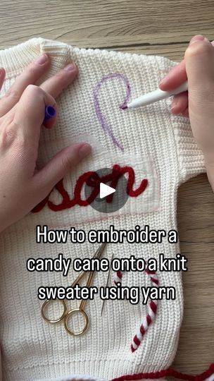 Facebook Candy Cane Embroidery Stitch, Name Embroidery On Sweaters, Diy Stocking Embroidery, Embroider On A Sweater, Hand Embroidered Name Sweater, Diy Holiday Sweater, Embroidery Candy Cane, Yarn Embroidered Sweater, Hot Glue Embroidery