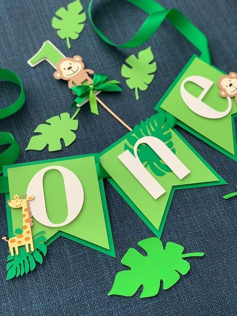 One Highchair Banner, Safari Birthday Party Decorations, Jungle Theme Birthday Party, Animals Birthday Party, Baby Birthday Party Theme, Monkey Party, Animal Theme Birthday, Christmas Door Decor, Birthday High Chair