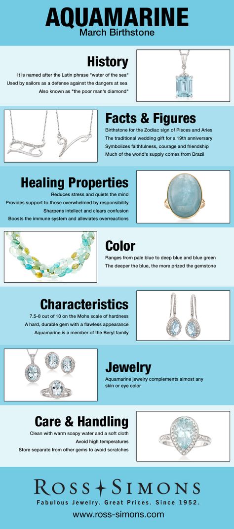 Happy Birthday March Babies! Learn more about your aquamarine birthstone in this infographic. #RossSimons Diamond Facts, March Baby, Birth Stones, Aquamarine Birthstone, Aquamarine Jewelry, Gemstones Crystals, Gems Crystals, March Birthstone, Rocks And Gems