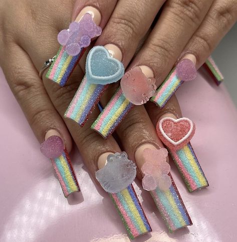 Candy Land Nails Acrylic, Candy Nail Charms, Cutesy Nail Designs, Candy Nails Designs 3d, Candy Inspired Nails, Pink Candy Nails, Candy Theme Nails, Candy Charm Nails, Candy Nails Acrylic