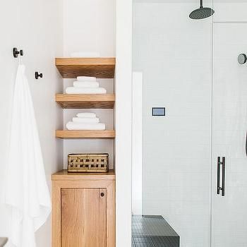 Built In Bathroom Shelves Design Ideas Bathroom Nook, Inset Bath, Oak Floating Shelves, Bathroom Shelving, Shelves Design, Kitchen Transitional, Cozy Cottages, Oak Bathroom, Built In Cabinet