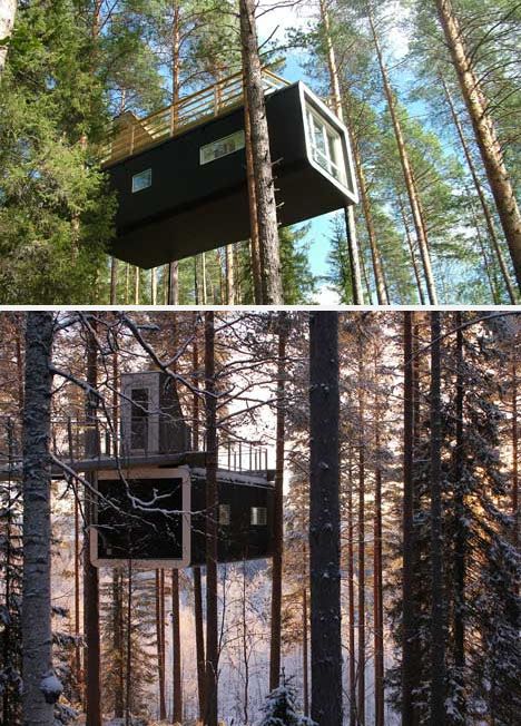 Not to be outdone by the Mirror Cube or Bird’s Nest, this latest lofted tree hotel room in Sweden Tree House Forest, Entry Designs, Tree Cabin, House Forest, Module Design, Base Ideas, Woodland House, Cool Tree Houses, Forest Cabin