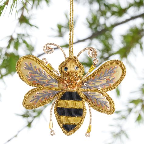 Embroidered Satin Bee Ornament - World Market Bee Ornaments, Embroidered Ornaments, Embroidered Christmas Ornaments, Embroidered Orange, Bus Driver Gifts, Felt Beads, Unique Christmas Ornaments, Falls Church, Festive Decor