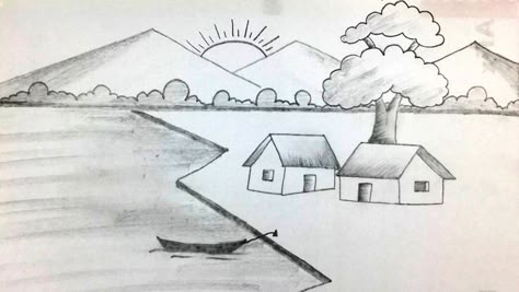 scenery drawing Village House Drawing, Drawing With Pencil Easy, Simple Scenery Drawing, Landscape Scenery Drawing, Village Scenery Drawing, Draw Scenery, Drawing With Pencil, Drawing Sculpture, Sculpture Pottery